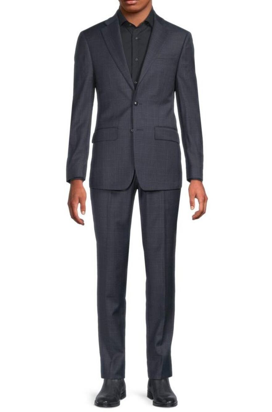 $750 NWT Calvin Klein Navy Plaid Wool Blend Slim Fit 2-Button Suit Size 38 S